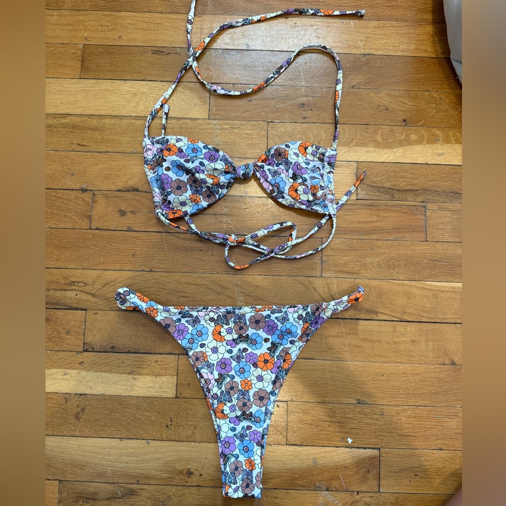 Floral Bikini Set with Purple and Orange Accents
